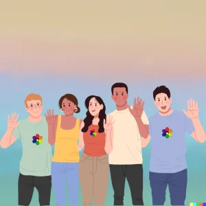An illustrated image of a group of people waving